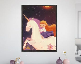 Girl and Unicorn Mystical White Wall Art, Magical Nursery Decor, Whimsical Fantasy Illustration, Enchanted Fairytale Print, Starry Sky Art