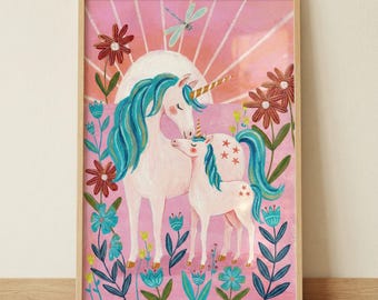 Blue Mane Starry Unicorn Wall Art, Mother and Baby Unicorn Print, Pink Nursery Decor, Whimsical Floral Illustration, Fantasy Animal Art