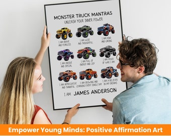 Monster Truck Wall Art Affirmations | Construction Trucks Decor for Nursery, Toddler, Kids and Playrooms | Positive Art