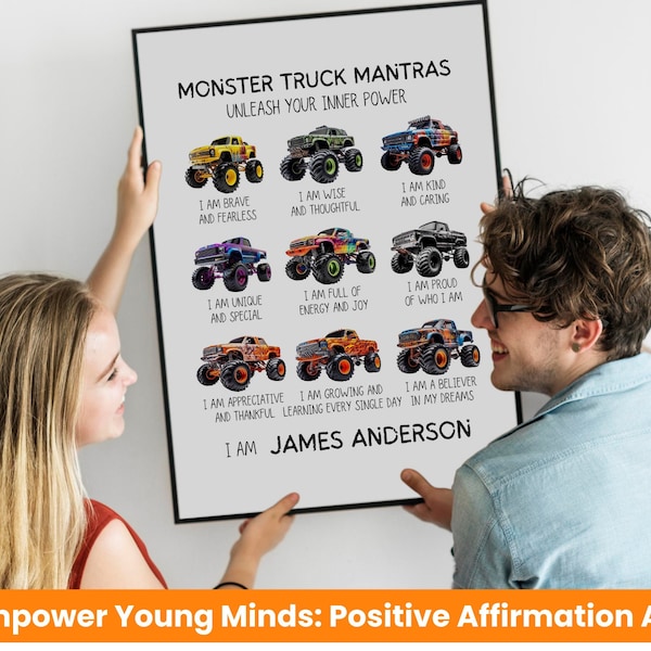 Monster Truck Wall Art Affirmations | Construction Trucks Decor for Nursery, Toddler, Kids and Playrooms | Positive Art