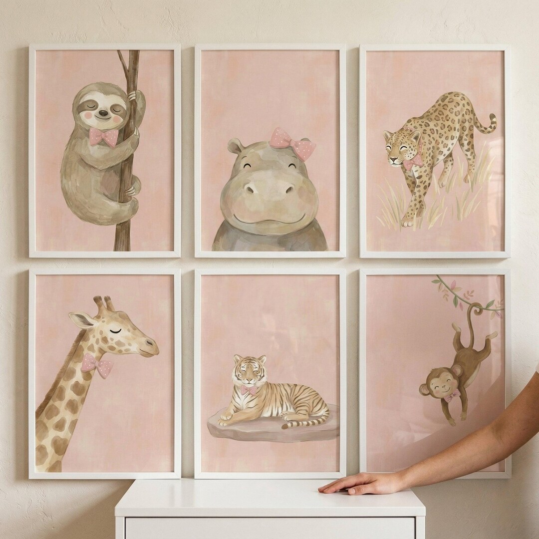 Watercolor Pink Bow Animal Wall Art Set of 6, Girl Safari Nursery Decor ...