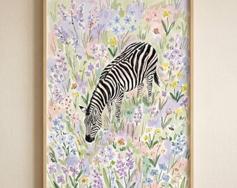 Pastel Wildflower Meadow Zebra Wall Art, Whimsical Safari Nursery Decor, Watercolor Floral Animal Print, Zebra Illustration, Cottagecore Art