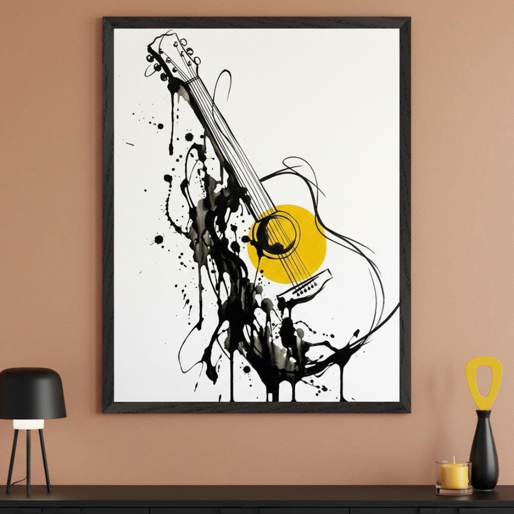 Acoustic Guitar Minimalist Ink Sketch Wall Art, Abstract Musical