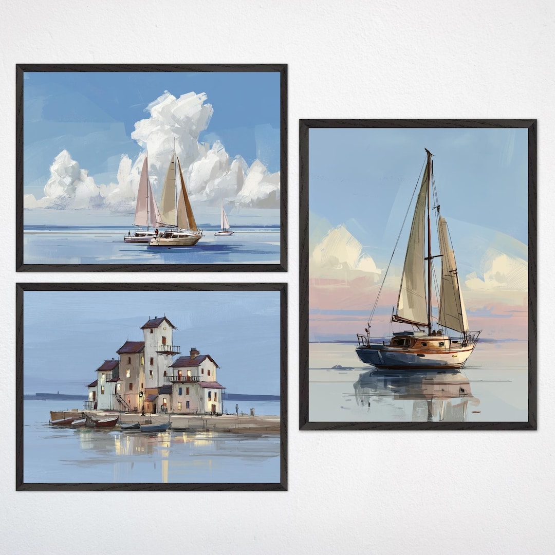 Nautical Sailboat Wall Decor - Set of 3, Coastal Landscape Art, Seaside ...