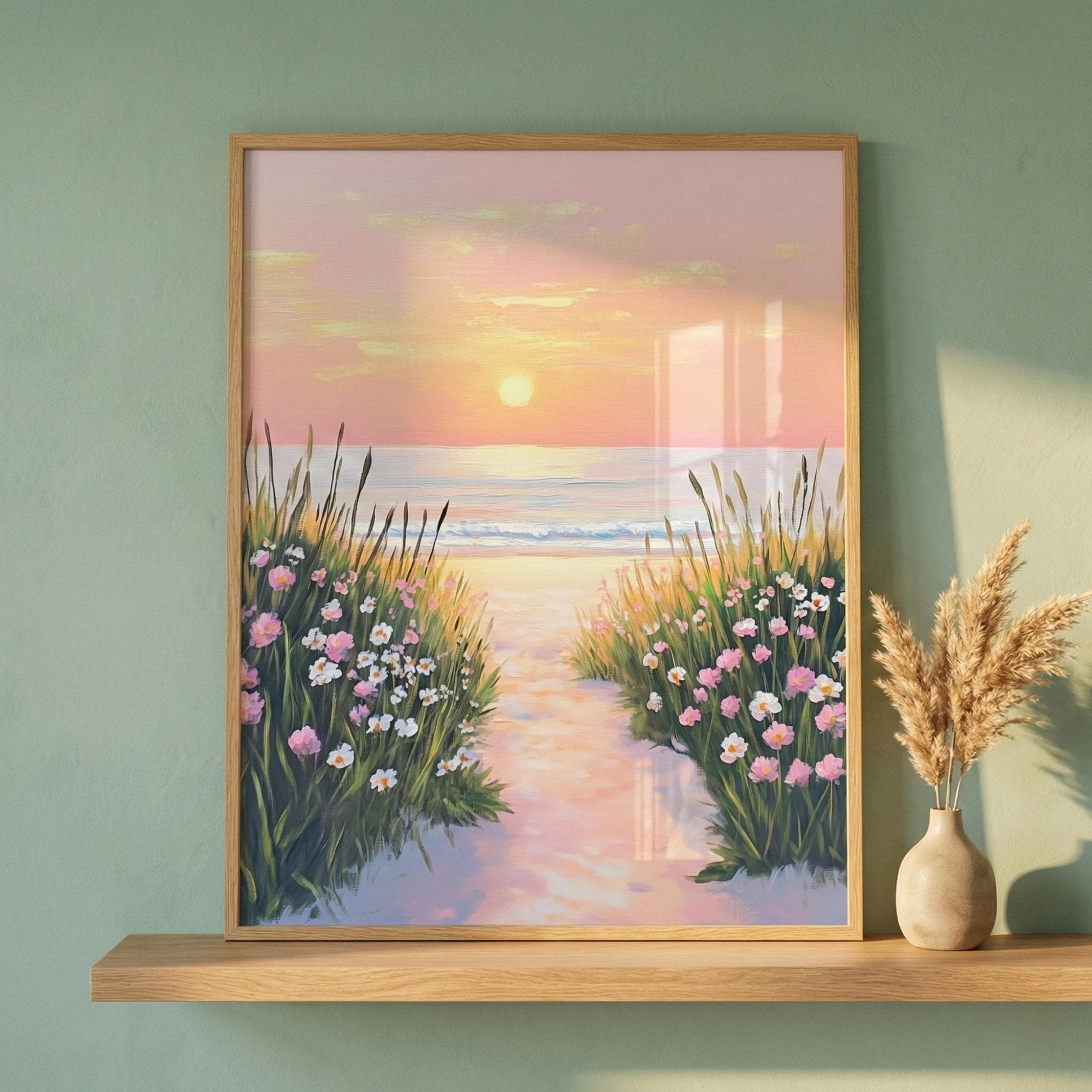 Beach Sunset Pastel Colors Wall Art, Coastal Wildflower Meadow Art ...