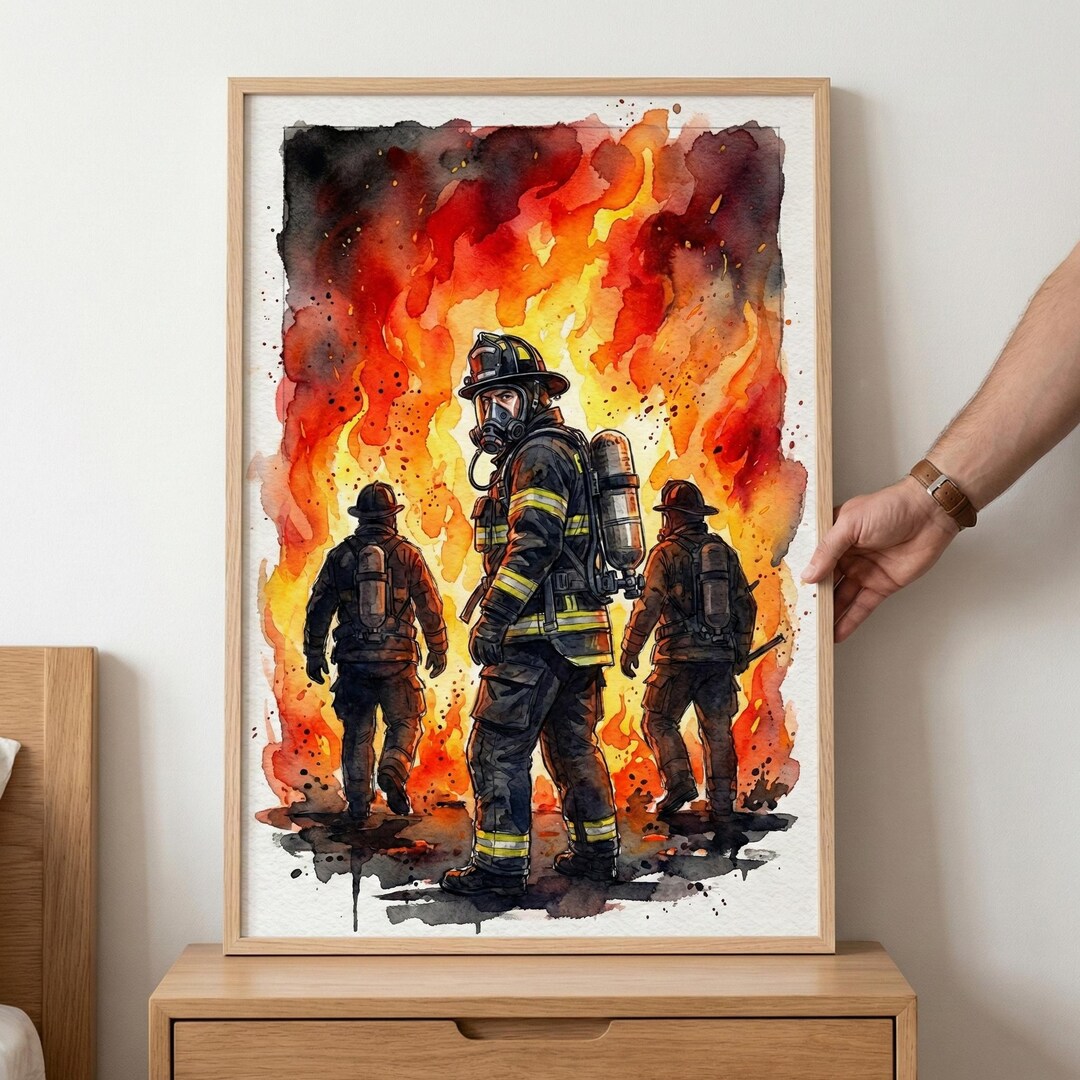 Heroic Firefighter Artwork, Firefighter Watercolor Print, Fireman Wall ...