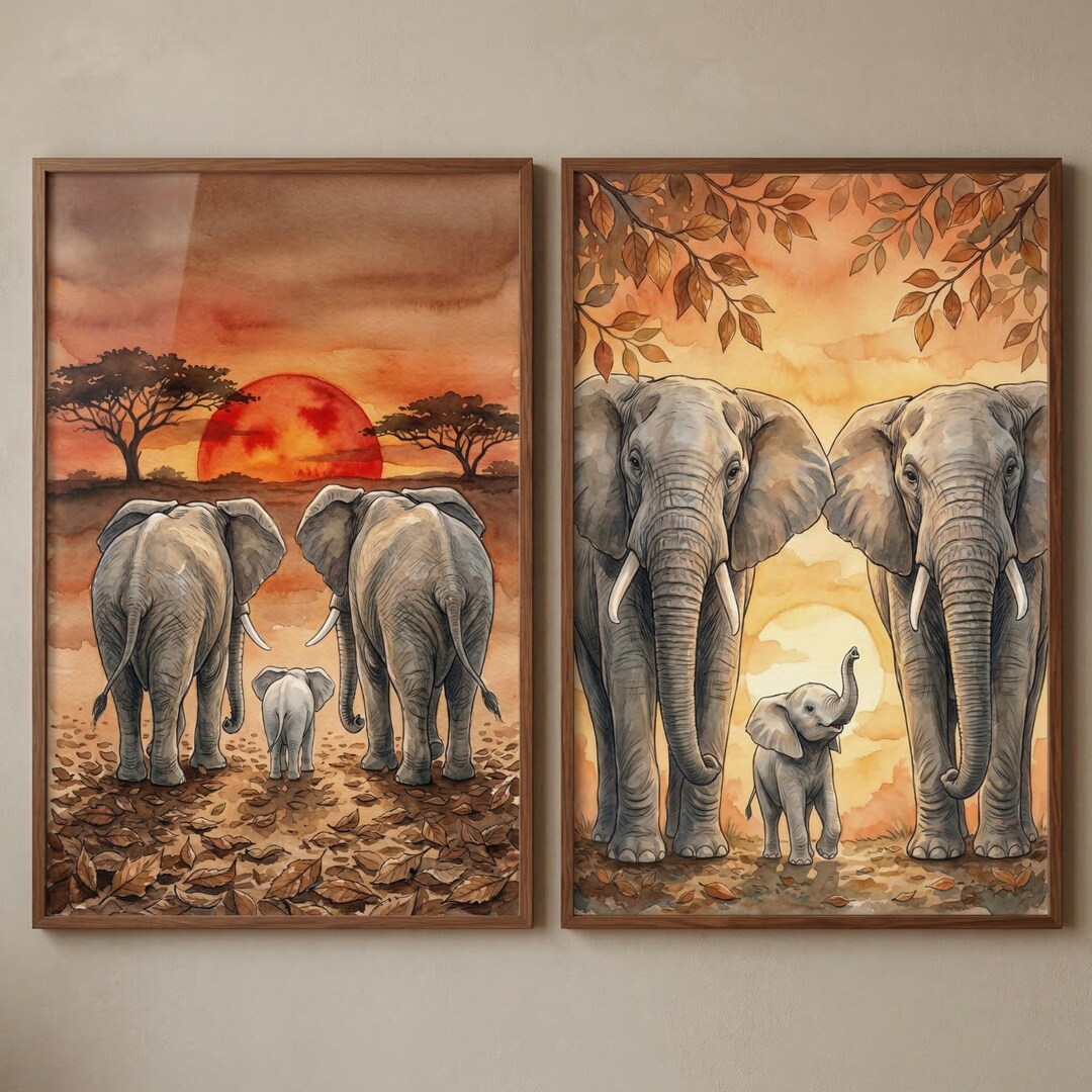 Wildlife Elephants Wall Art Set of 2, African Savanna Sunset Decor ...