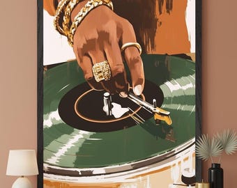 Vinyl Record Green Stylized Wall Art, DJ Turntable Decor, Hip Hop Music Poster, Gold Jewelry Hand Illustration, Retro Record Player Print