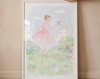 Blue Bird Ballerina Wall Art, Girl Nursery Decor, Watercolor Ballet Print, Whimsical Garden Print, Pink Tutu Dancer Art