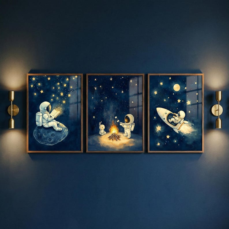 Astronaut Space Wall Art Set of 3, Whimsical Outer Space Nursery Decor ...