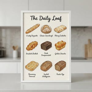 May include: A framed print titled "The Daily Loaf" featuring illustrations of various bread types. The image includes a crusty baguette, classic sourdough, floury ciabatta, braided challah, dark pumpernickel, golden brioche, rosemary focaccia, seeded multigrain, and rustic rye.