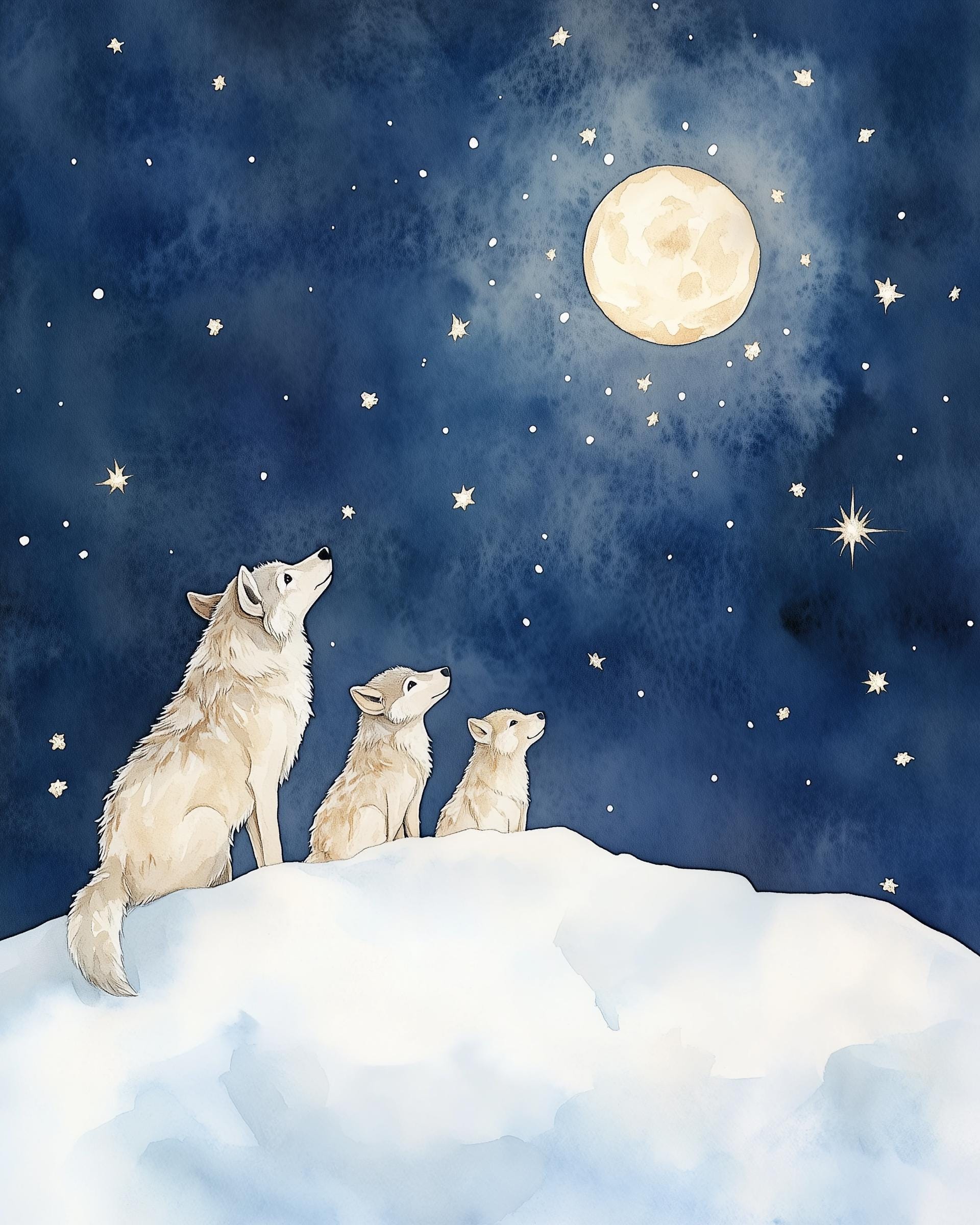 Wolf Family Watercolor Nursery Art Wall, Full Moon Night Sky
