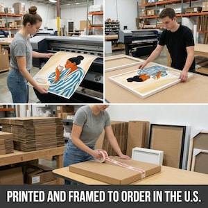 The image is a collage of three photos depicting the process of printing and framing a piece of artwork.