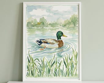 Swimming Mallard Duck Wall Art, Watercolor Waterfowl Print, Rustic Lake House Decor, Pond Life Illustration, Country Home Decor, Bird Decor