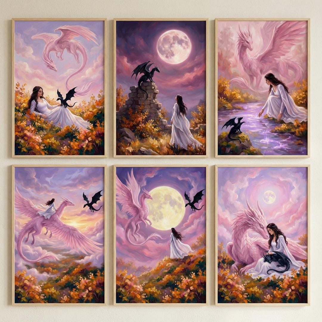 Fantasy Dragon Art Set of 6, Pink Dragon Wall Decor, Whimsical Mythical ...