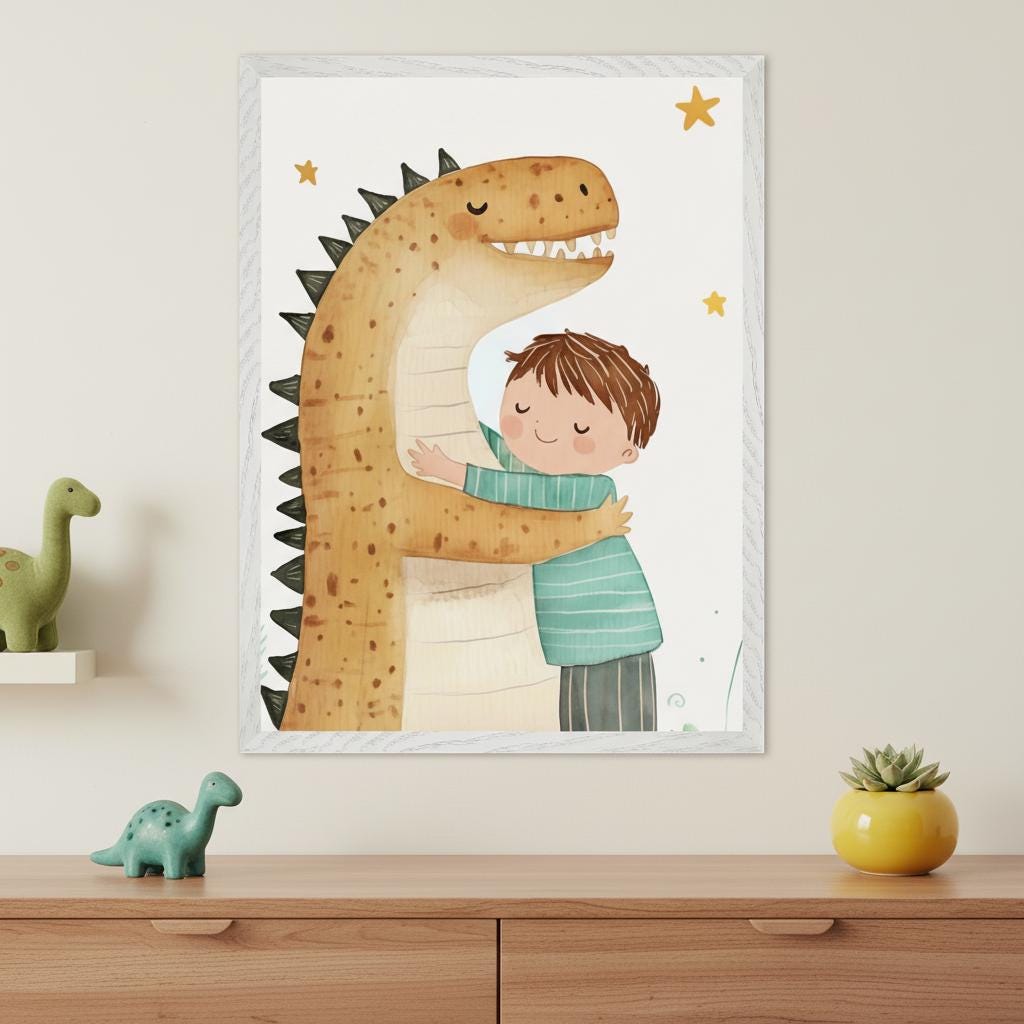 Dinosaur and Boy Watercolor Wall Art, Friendly Dino Nursery Decor