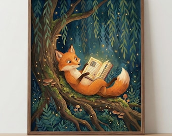 Reading Fox Wall Art, Whimsical Forest Animal Print, Enchanted Nursery Decor, Storybook Illustration, Book Lover Gift, Cottagecore Woods