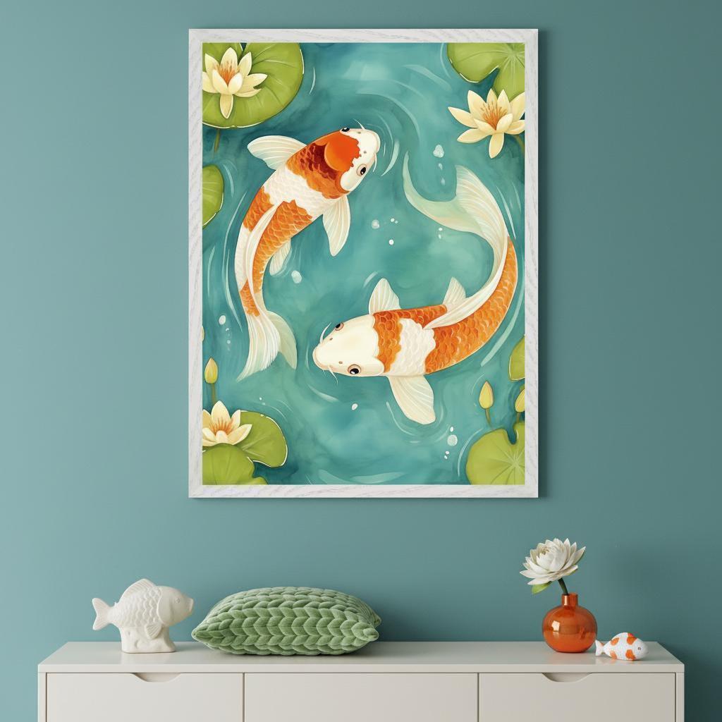 Koi Fish Watercolor Style Wall Art, Japanese Pond Decor, Zen Garden ...