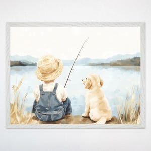 Anglerhund Kinderzimmer Wandbild, Junge und Welpe Leinwand Kunst, Serene Lake Poster, Gender-neutrale Kinderzimmer Dekor