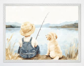 Fishing Dog Nursery Wall Art, Boy and Puppy Canvas Art, Serene Lake Poster, Gender-Neutral Kids Room Decor