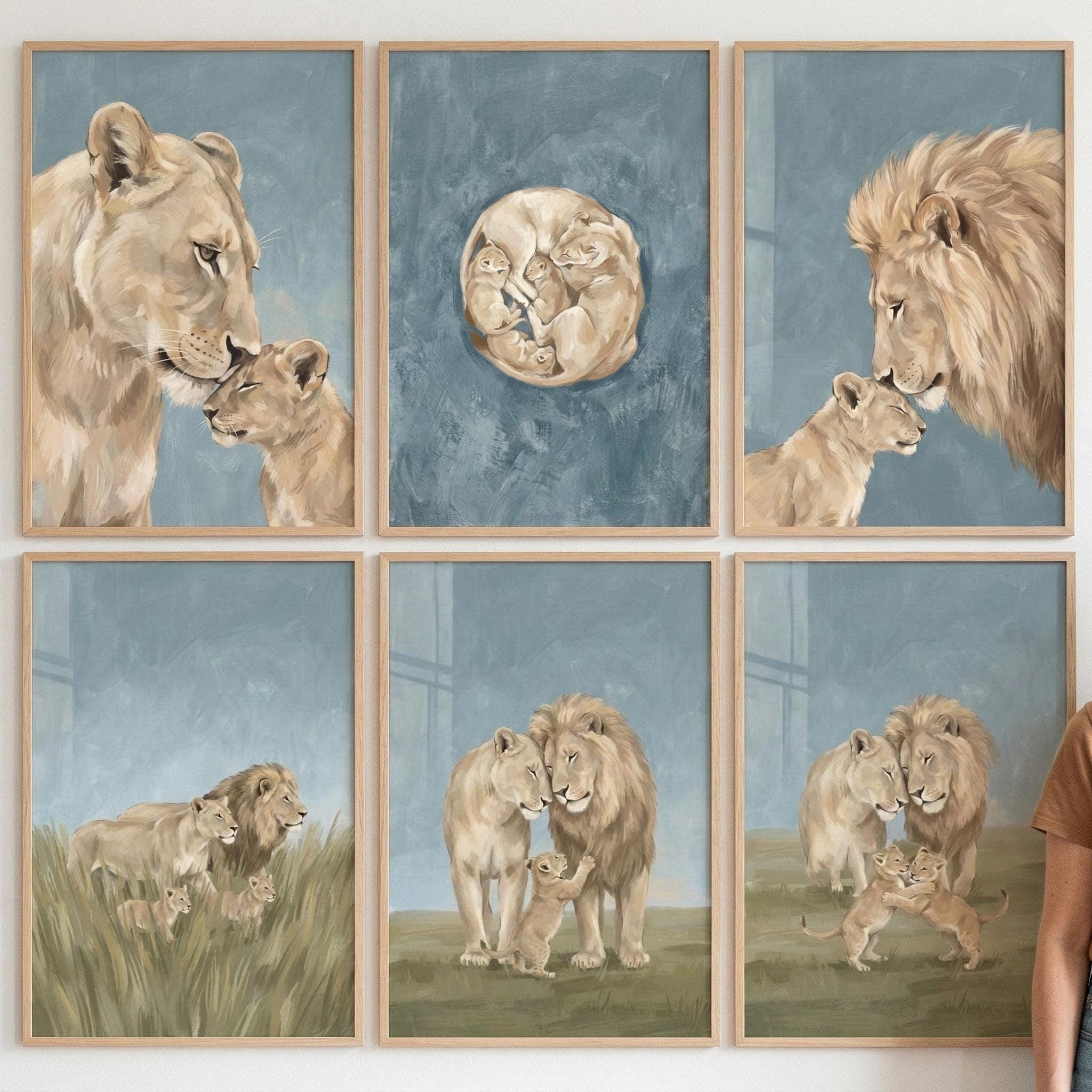 Cub Prints Savanna Lion Family Wall Art Set of 6, Safari Animal Nursery Decor ...