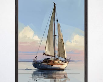 Sailboat Nautical Decor Wall Art, Coastal Sailing Illustration, Ocean Horizon Digital Print, Maritime Canvas Poster, Beach House Home Decor