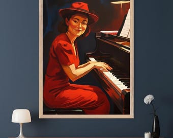 Female Pianist Red Vintage Dress Wall Art, jazz club musician decor, retro woman playing piano print, music room decor, lounge music poster