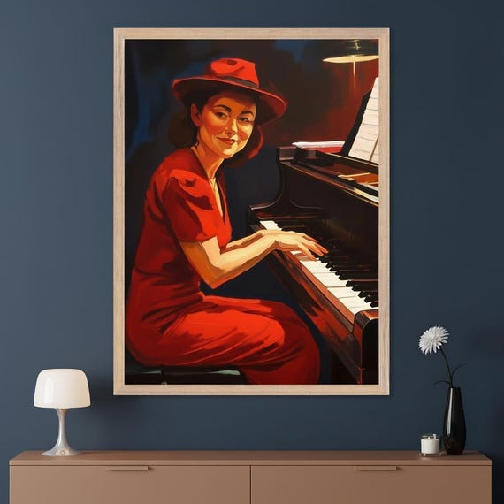 painting of woman in red dress playing piano Illustration Girl Wearing Red Dress Playing Stock Illustration 2517951291
