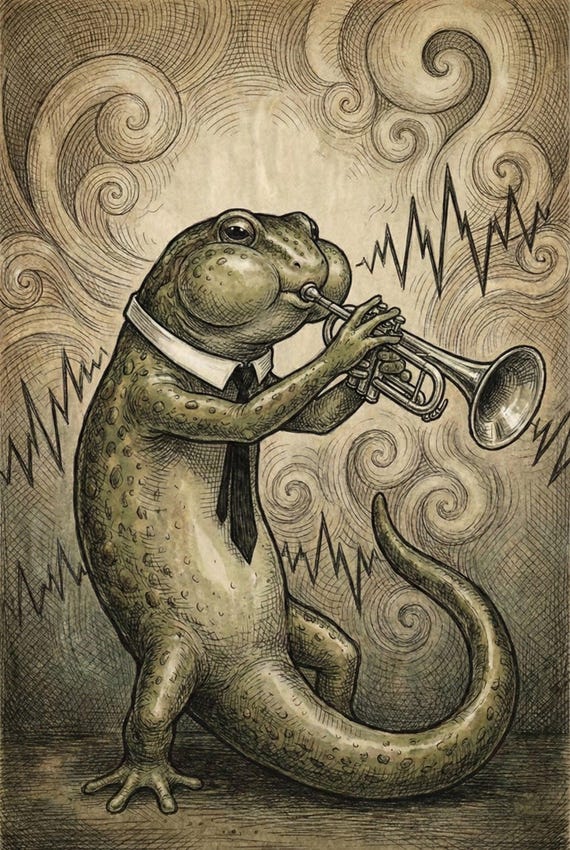 Anthropomorphic Toad Musician Vintage Etching Style Wall Art