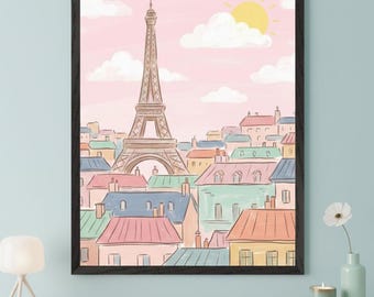 Eiffel Tower Watercolor Style Wall Art, Paris Cityscape Illustration, Pastel Pink Nursery Decor, French Skyline Print, Travel Poster Art