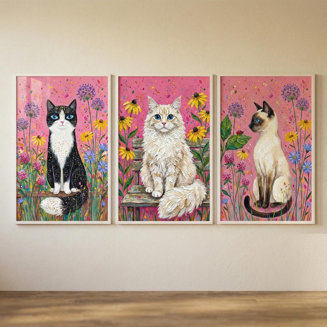 Floral Cat Print Set of 3, Whimsical Feline Wall Art, Colorful Flower ...