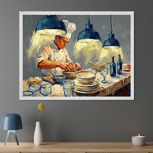 Gourmet Chef Expressionist Kitchen Scene Wall Art, Fine Dining Kitchen Decor, Modern Restaurant Wall Decor, Blue Lamp Kitchen Illustration