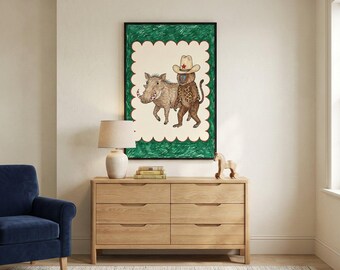 Warthog and Baboon Whimsical Illustration Wall Art, Cowboy Monkey