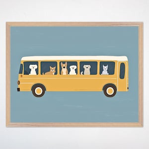 Dog Bus Travel Wall Art - Playful Puppy School Bus Kids Room Decor, Whimsical Dog Canvas Print, Nursery Framed Poster Animal, Bark & Ride