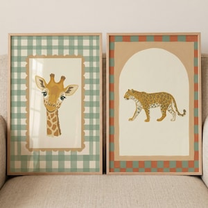 Eclectic Patterned Safari Animal Wall Art Set of 2, Giraffe Leopard Nursery Prints, Gingham Kids Room Art, Jungle Illustration, Boho Decor