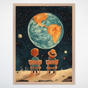 Space Wall Art Canvas, Kids Room Galaxy Decor, Planet Earth Poster, Outer Space Framed Art, Gender-Neutral Nursery Space Print