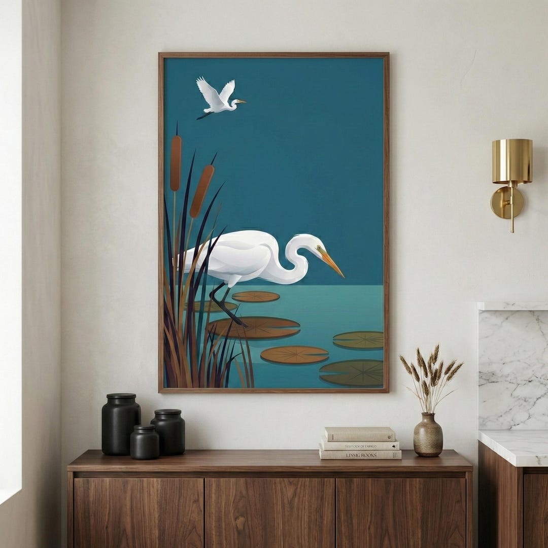 Minimalist Egret Print, Modern Coastal Wall Art, Wetland Bird ...