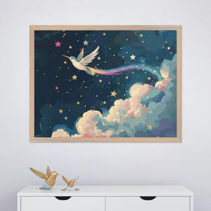 Celestial Bird Whimsical Wall Art, Rainbow Trail Night Sky Print, Magical Hummingbird Decor, Dreamy Fantasy Art, Nursery Starry Clouds