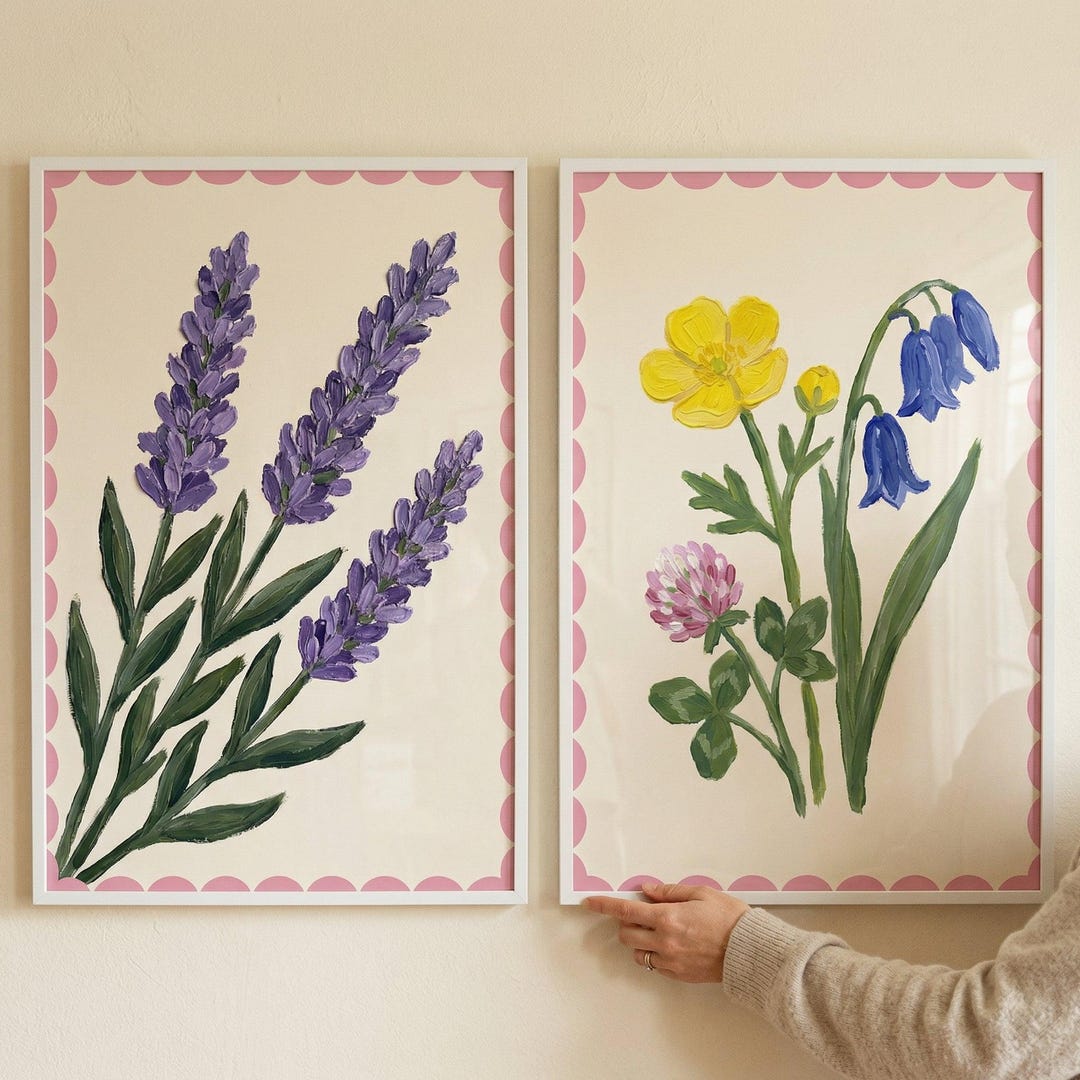 Painterly Pink Scalloped Wildflower Wall Art Set of 2, Cottagecore ...