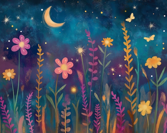 Night Garden Whimsical Wall Art, Moon and Stars Nursery Decor Night Garden Whimsical Wall Art, Moon and Stars Nursery Decor