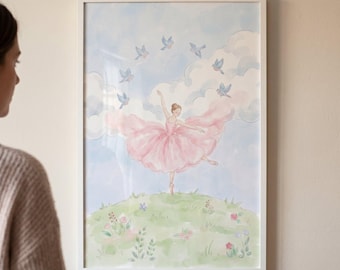Pink Tutu Dancing Ballerina Wall Art, Girl Nursery Decor, Whimsical Bird Illustration, Watercolor Ballet Print, Floral Meadow Kids Room Art