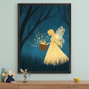 Magical Fairy Glowing Gold Wall Art, Enchanted Forest Nursery Decor, Whimsical Firefly Illustration, Storybook Sprite Digital Print