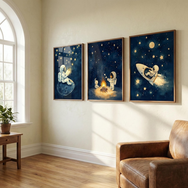 Astronaut Space Wall Art Set of 3, Whimsical Outer Space Nursery Decor ...