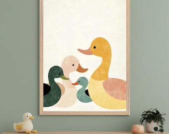 Duck Family Minimalist Art Wall, Nursery Animal Decor, Scandinavian Kids Room Print, Mid Century Bird Illustration