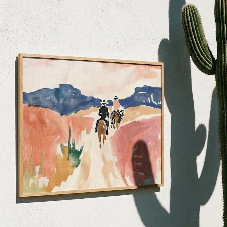 Western Cowboy Wall Art, Desert Landscape Print, Southwestern Decor, Horse Rider Illustration, Abstract Boho Poster, Ranch House Decor afbeelding 4