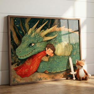Nursery Wall Art of Dragon and Child, Kids Room Decor, Fantasy Forest Storybook Print, Mythical Creature Art image 1