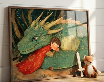 Nursery Wall Art of Dragon and Child, Kids Room Decor, Fantasy Forest Storybook Print, Mythical Creature Art