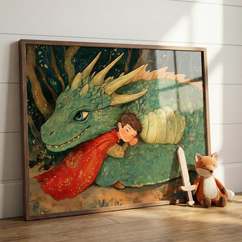 Nursery Wall Art of Dragon and Child, Kids Room Decor, Fantasy Forest Storybook Print, Mythical Creature Art image 1