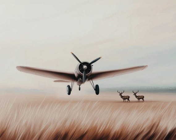 Vintage Airplane Sepia Sky Landscape Wall Art, Retro Propeller