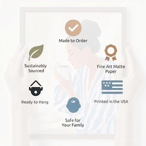 a person holding a framed picture, with various descriptions of the picture's features and benefits.